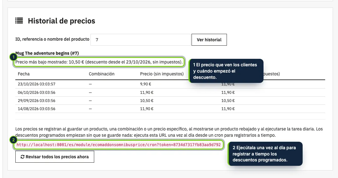 El historial de precios de cualquier producto, por ID, referencia o nombre, y la URL de la tarea diaria.