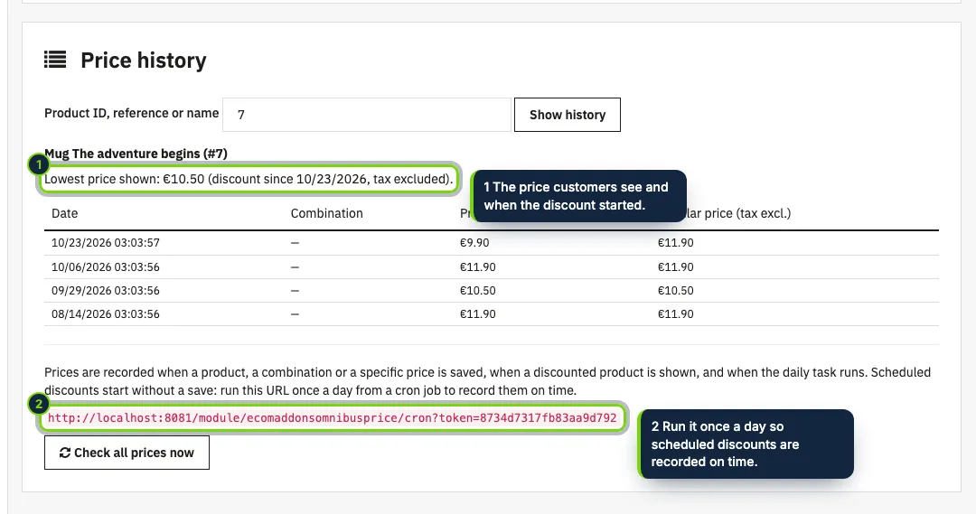 The price history of any product, by ID, reference or name, and the daily task URL.