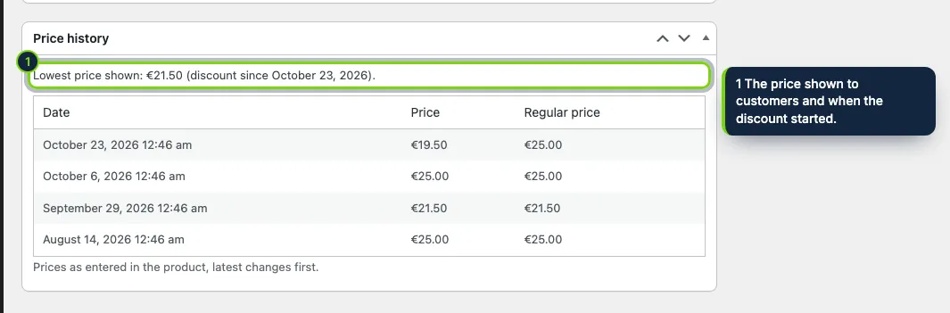 The price history of each product, in its edit screen.