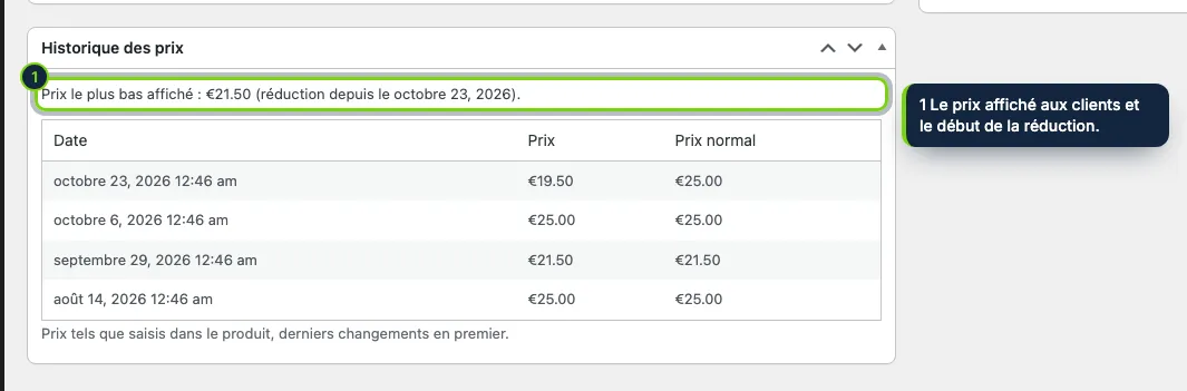 L’historique des prix de chaque produit, dans son écran de modification.