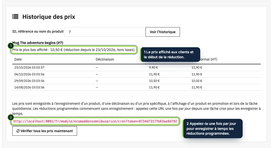 L’historique des prix de n’importe quel produit, par ID, référence ou nom, et l’URL de la tâche quotidienne.