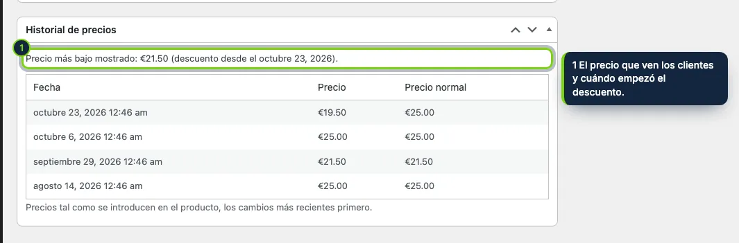 El historial de precios de cada producto, en su pantalla de edición.