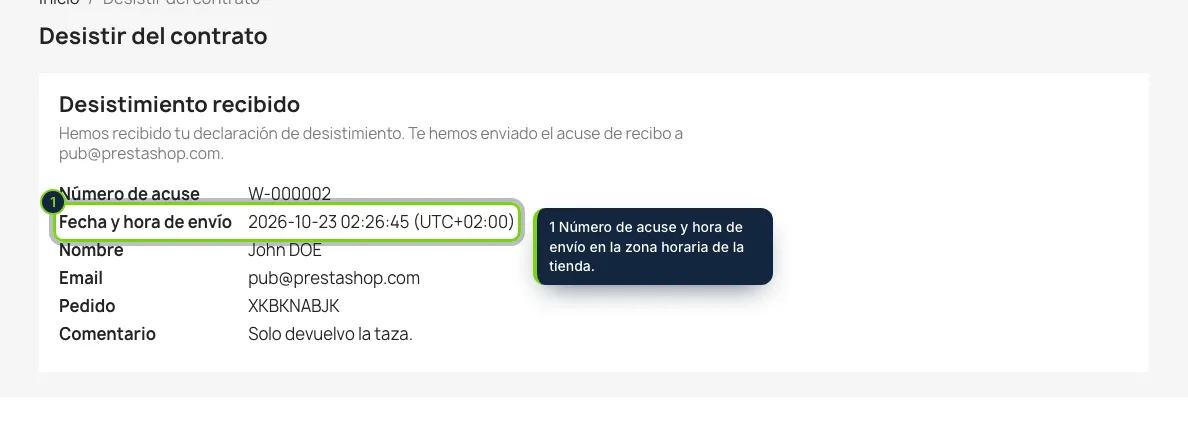El acuse de recibo, en pantalla y por email, con la fecha y la hora.