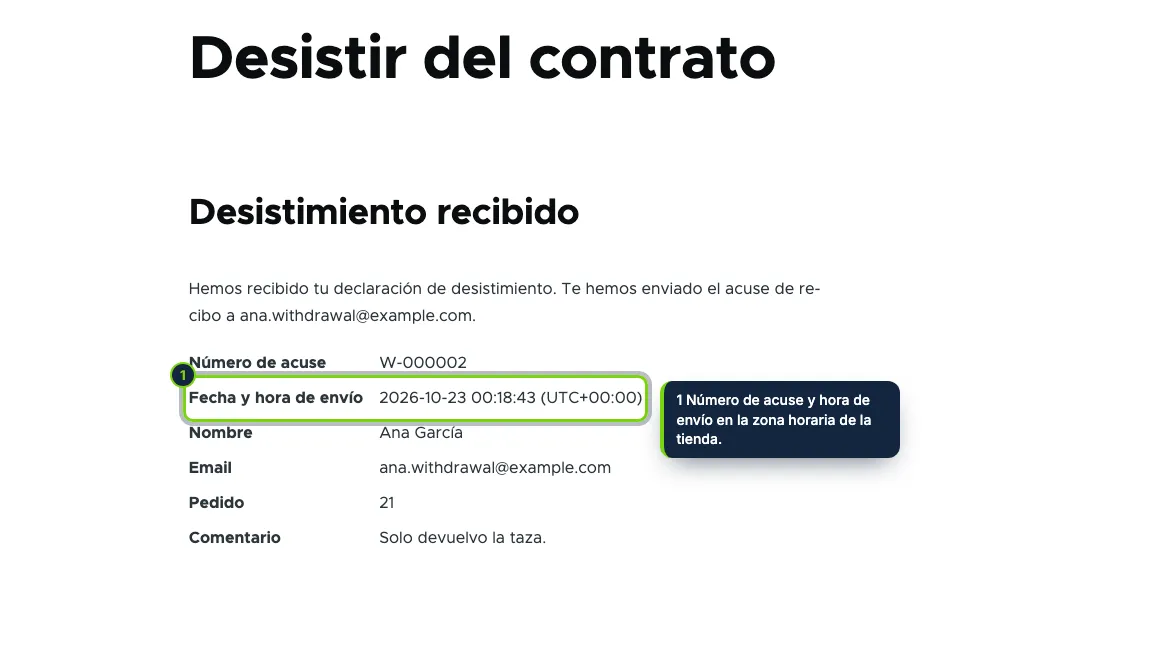 El acuse de recibo, en pantalla y por email, con la fecha y la hora.
