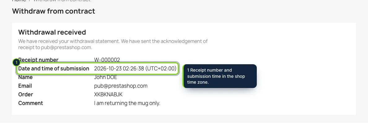 The acknowledgement of receipt, on screen and by email, with the date and time.