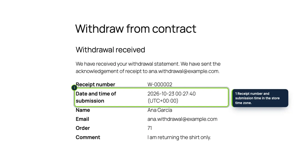 The acknowledgement of receipt, on screen and by email, with the date and time.
