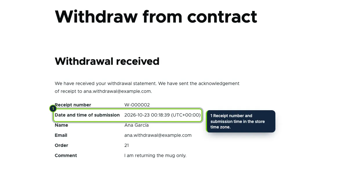 The acknowledgement of receipt, on screen and by email, with the date and time.