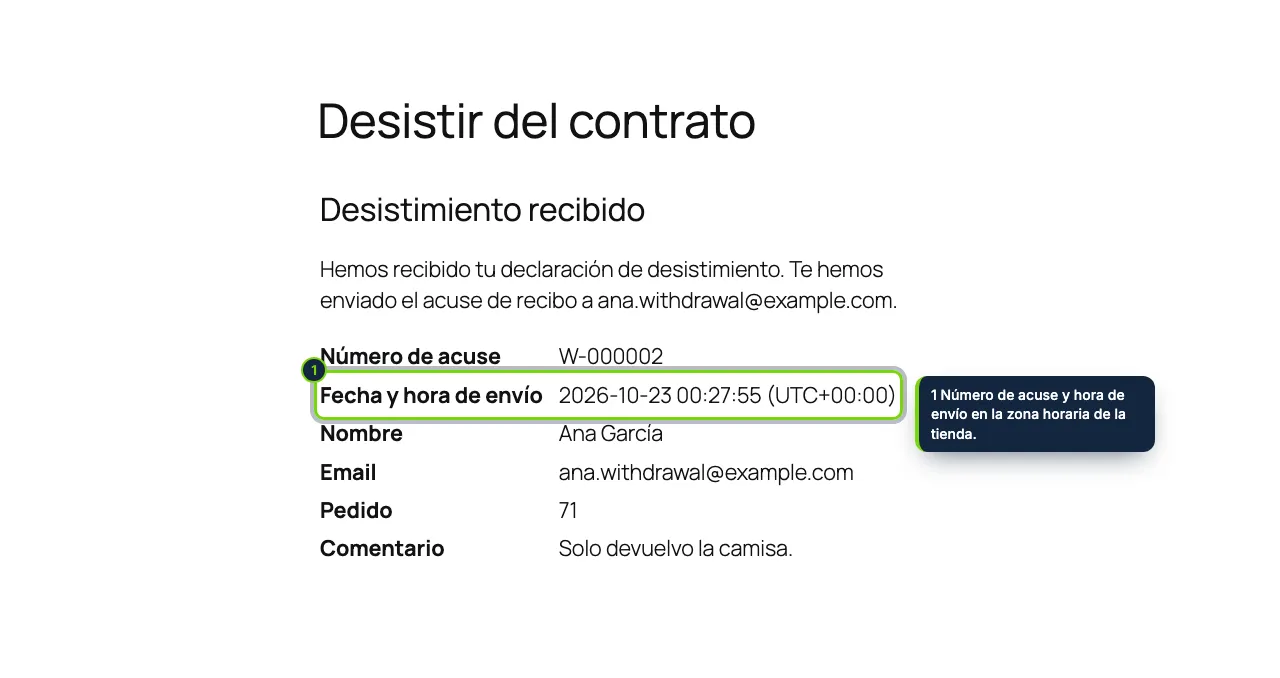 El acuse de recibo, en pantalla y por email, con la fecha y la hora.