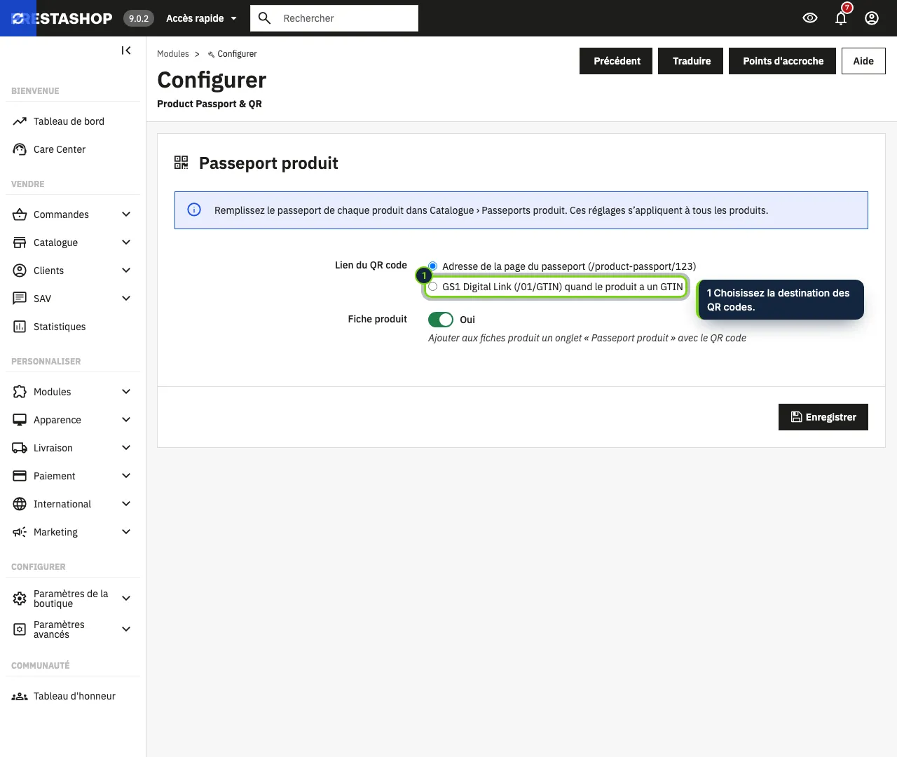 Réglages du module : destination des QR codes et onglet de la fiche.