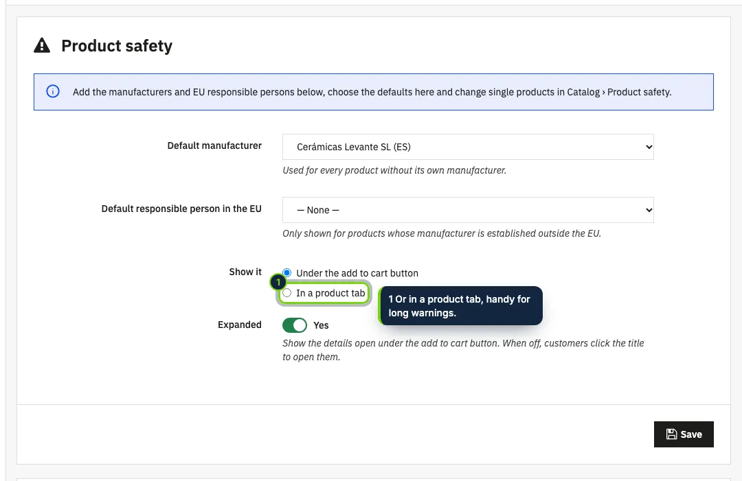 Module settings: store defaults and where the block goes.