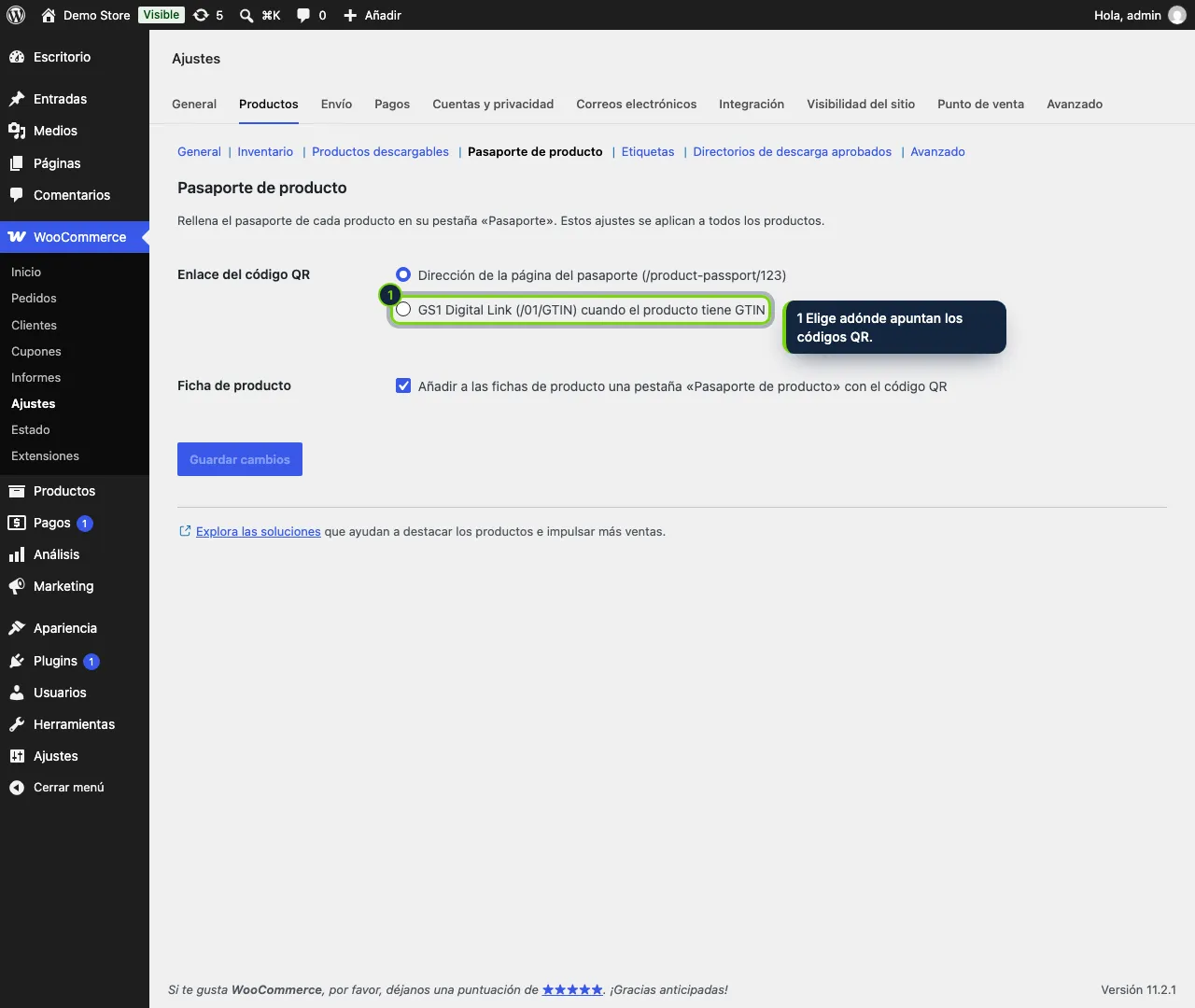 Ajustes en WooCommerce › Ajustes › Productos › Pasaporte de producto.