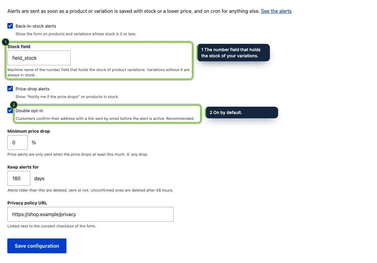 Commerce › Configuration › Stock alerts.