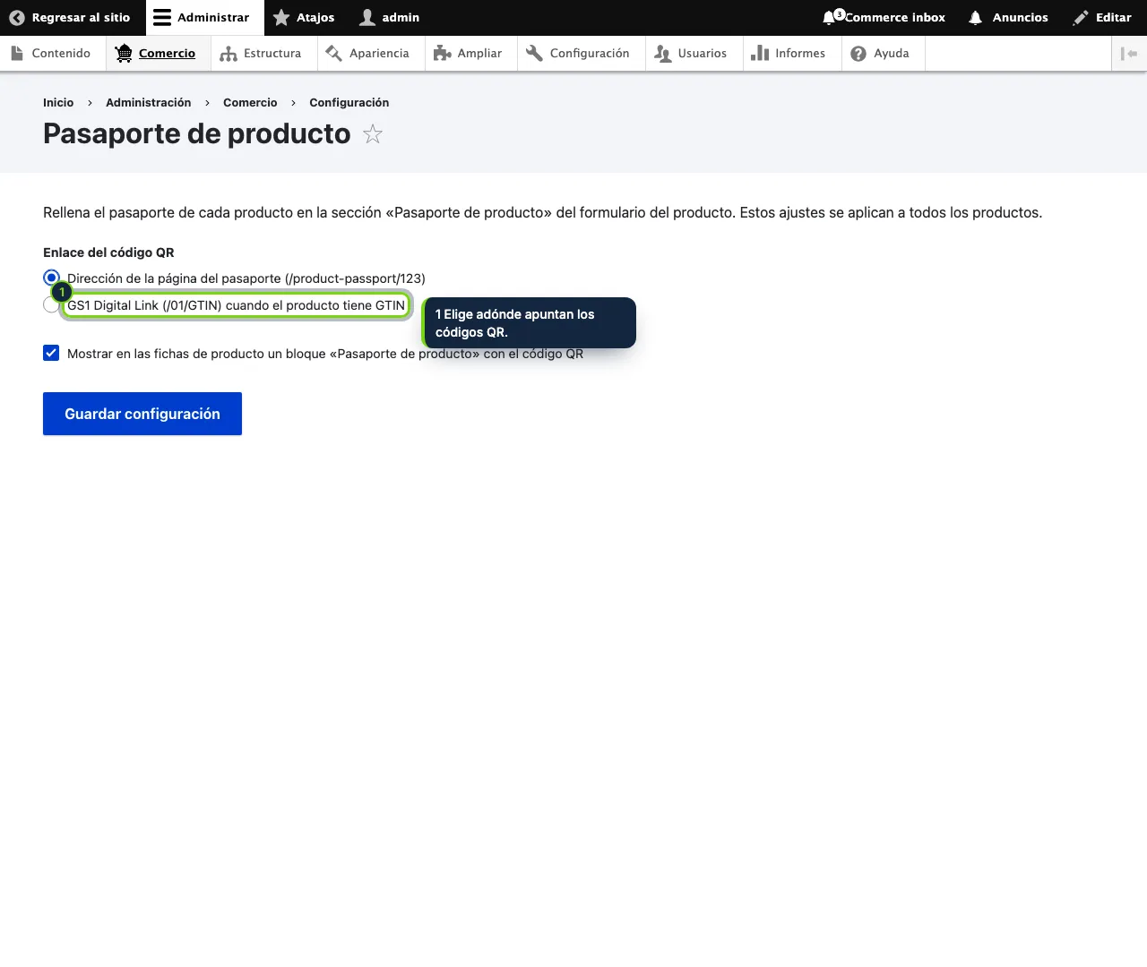 Ajustes en Commerce › Configuración › Pasaporte de producto.