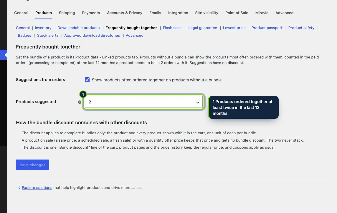 WooCommerce › Settings › Products: suggestions from past orders for products without a bundle, and the stacking rules.