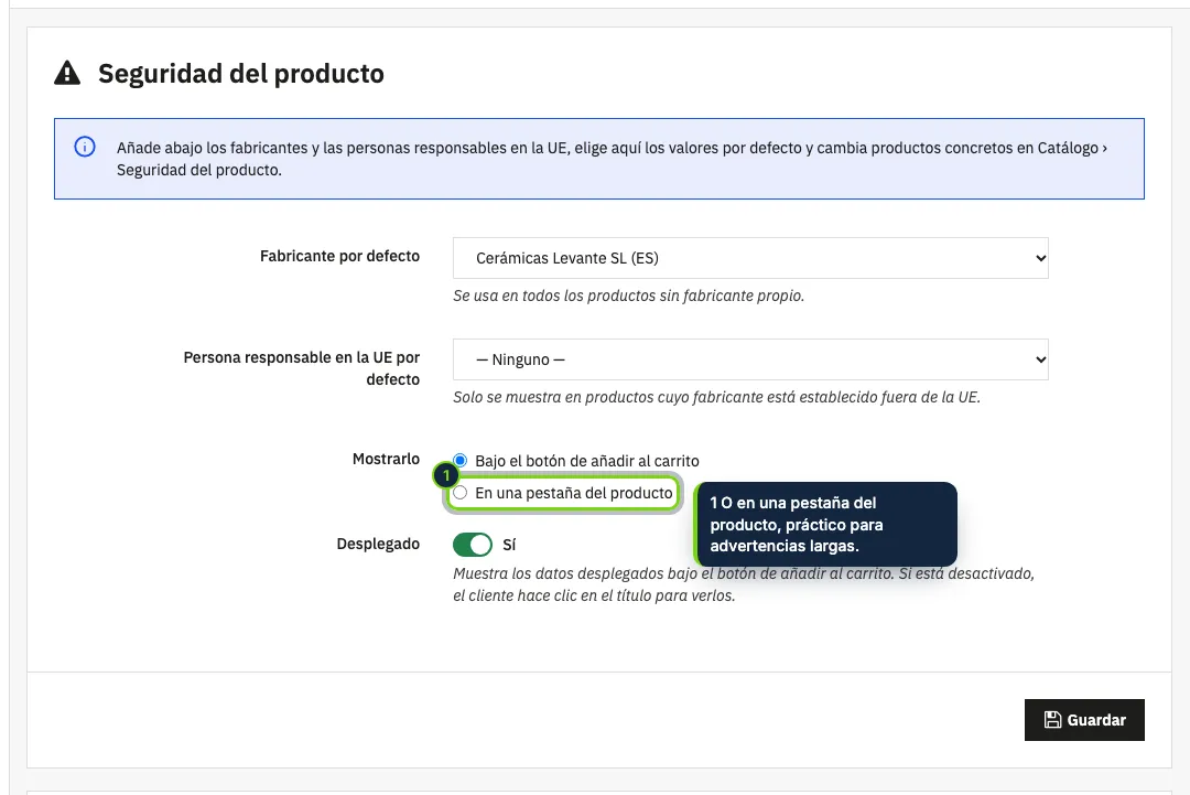 Ajustes del módulo: valores por defecto de la tienda y dónde va el bloque.