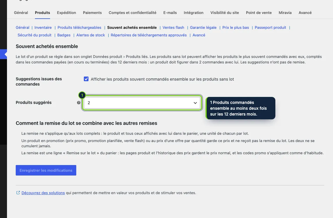 WooCommerce › Réglages › Produits : suggestions issues des commandes passées pour les produits sans lot, et les règles de cumul.