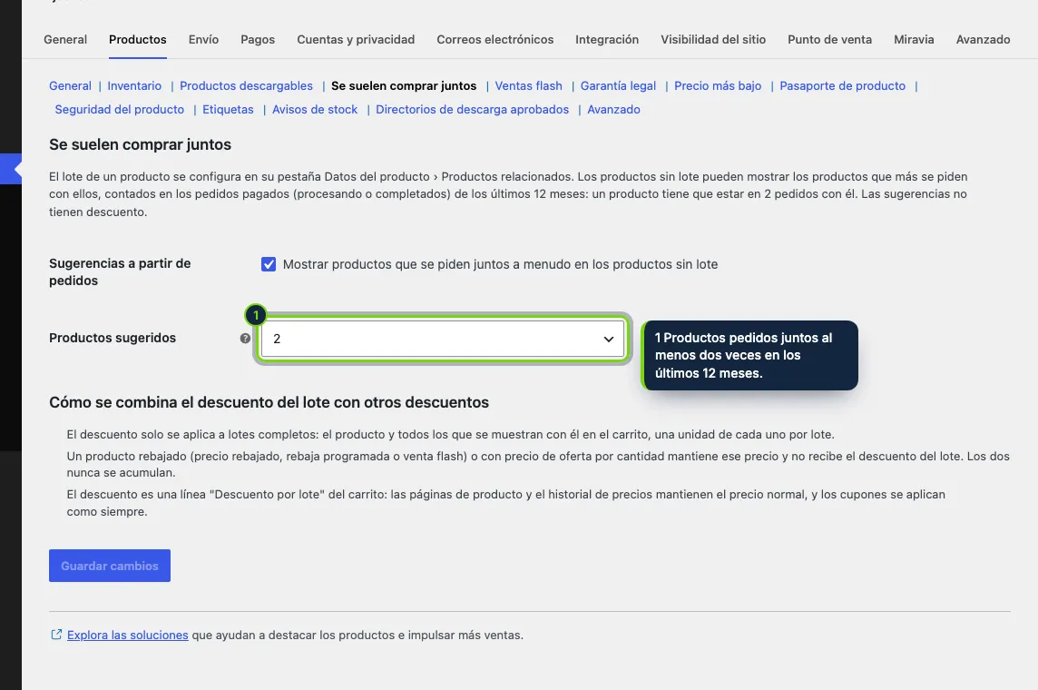 WooCommerce › Ajustes › Productos: sugerencias a partir de pedidos anteriores para los productos sin lote y las reglas de acumulación.