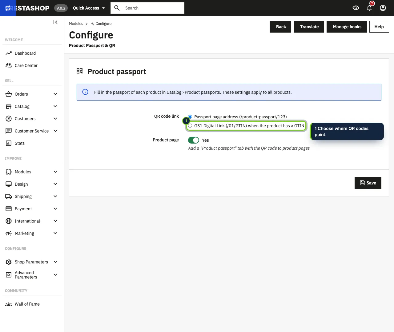 Module settings: where QR codes point and the product page tab.