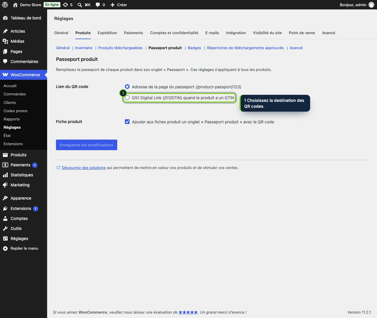 Réglages dans WooCommerce › Réglages › Produits › Passeport produit.