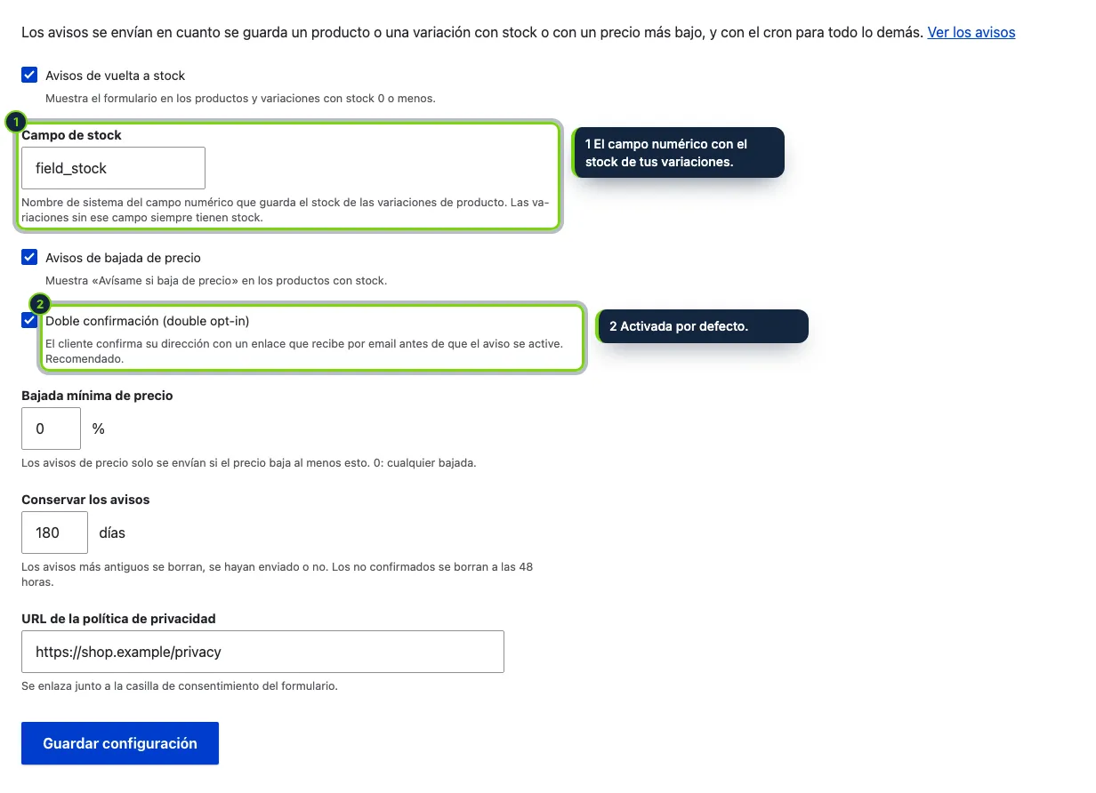 Commerce › Configuración › Avisos de stock.