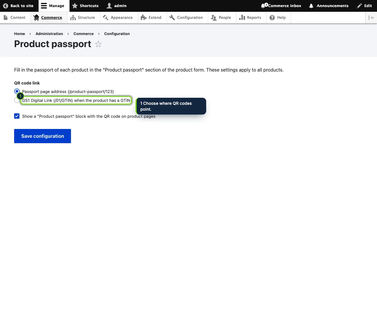 Settings in Commerce › Configuration › Product passport.