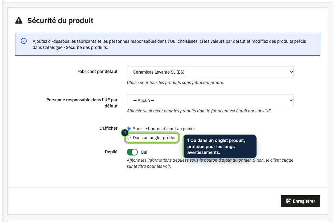 Réglages du module : valeurs par défaut de la boutique et emplacement du bloc.
