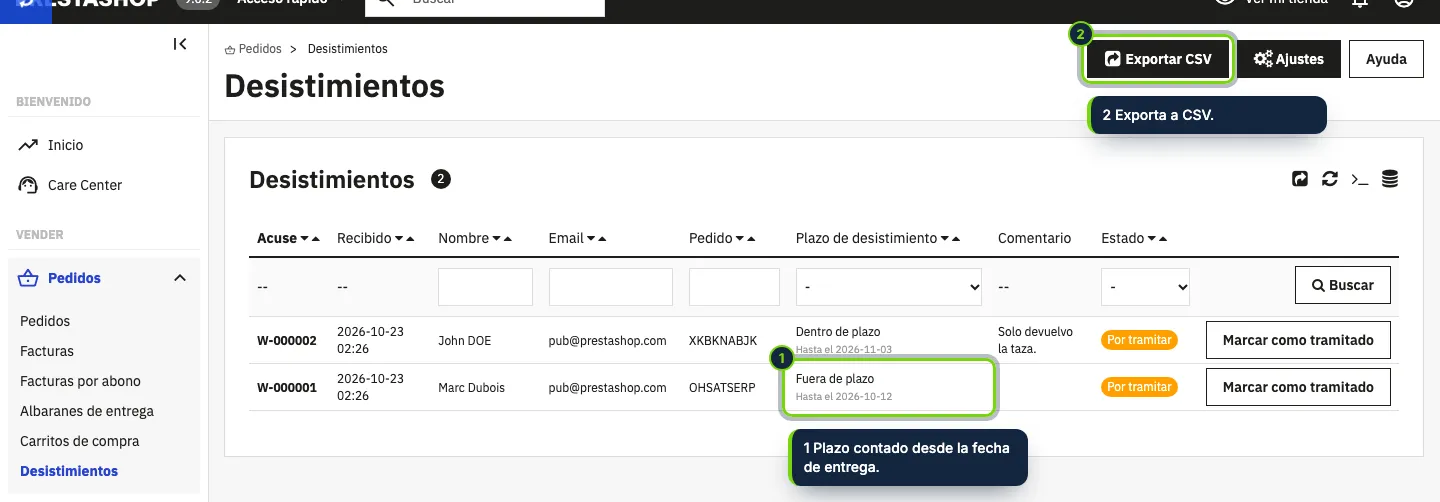 Pedidos › Desistimientos: cada declaración, su pedido y si llegó en plazo.