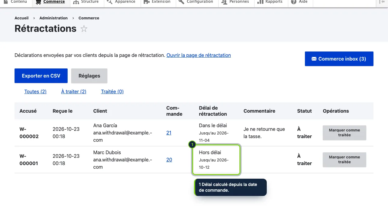 Commerce › Rétractations : chaque déclaration, sa commande et si elle est arrivée dans le délai.