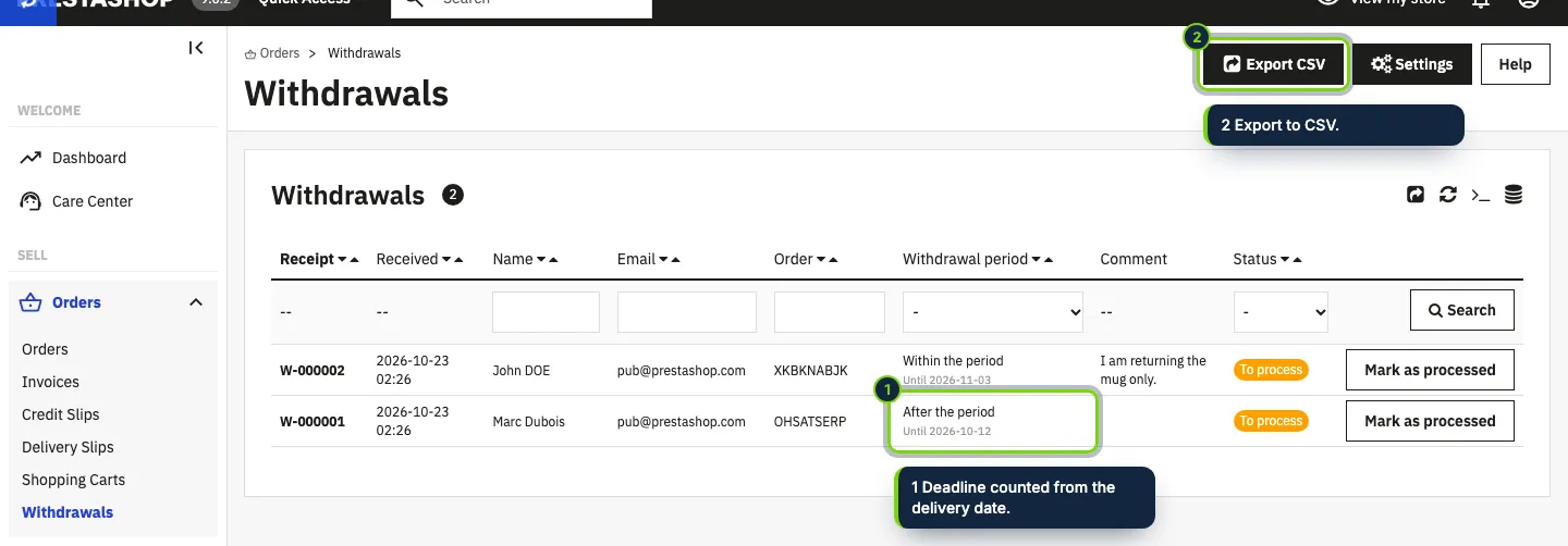 Orders › Withdrawals: every statement, its order and whether it arrived on time.