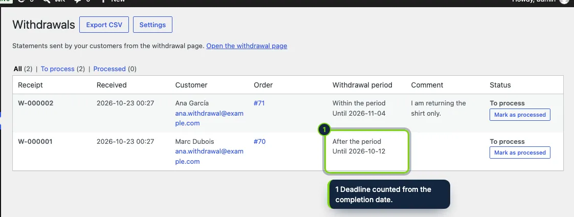 WooCommerce › Withdrawals: every statement, its order and whether it arrived on time.