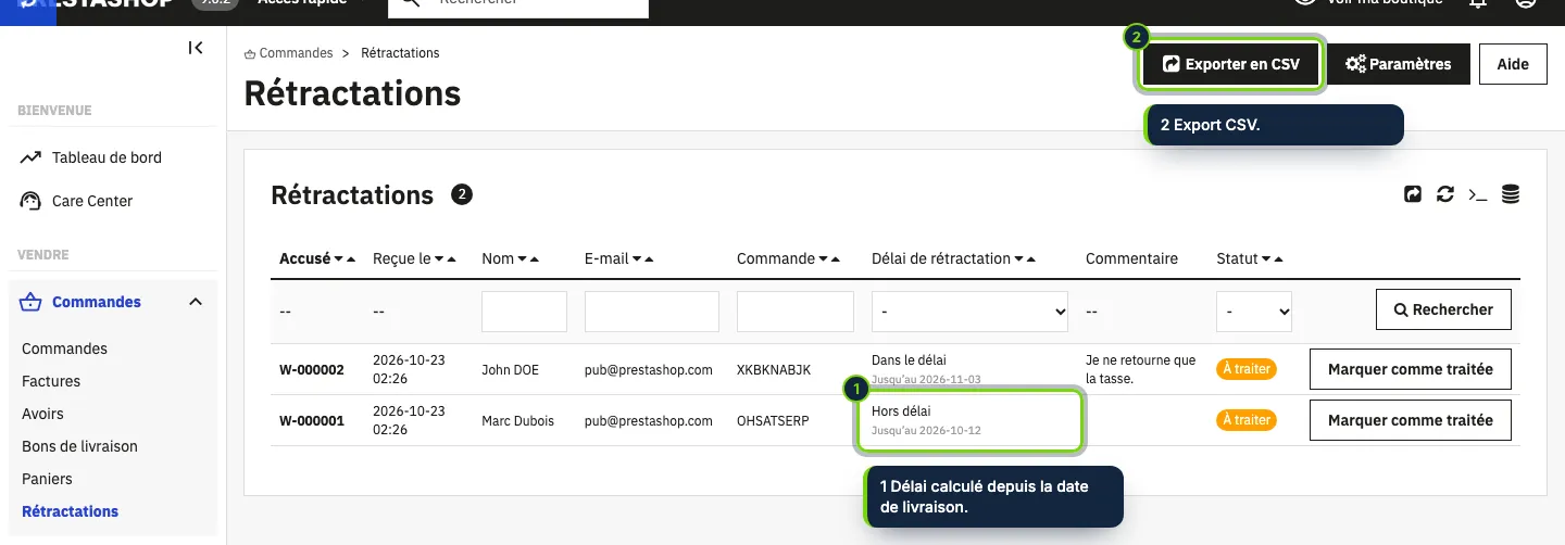 Commandes › Rétractations : chaque déclaration, sa commande et si elle est arrivée dans le délai.