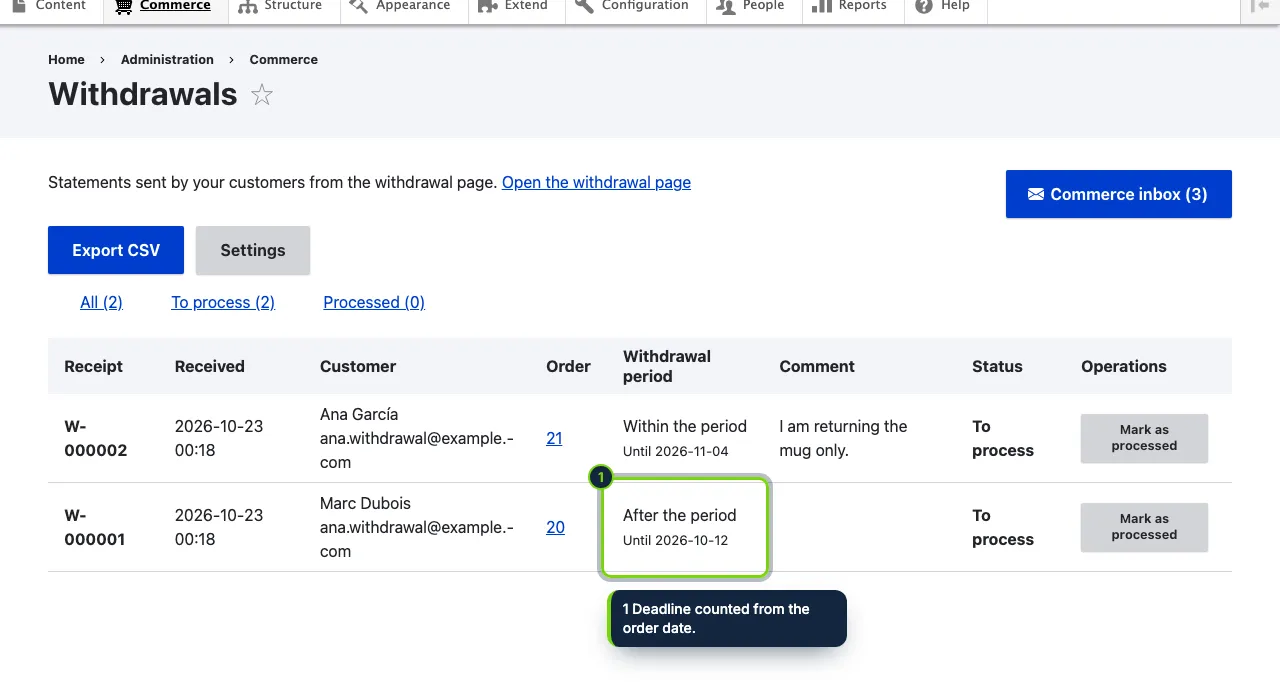 Commerce › Withdrawals: every statement, its order and whether it arrived on time.