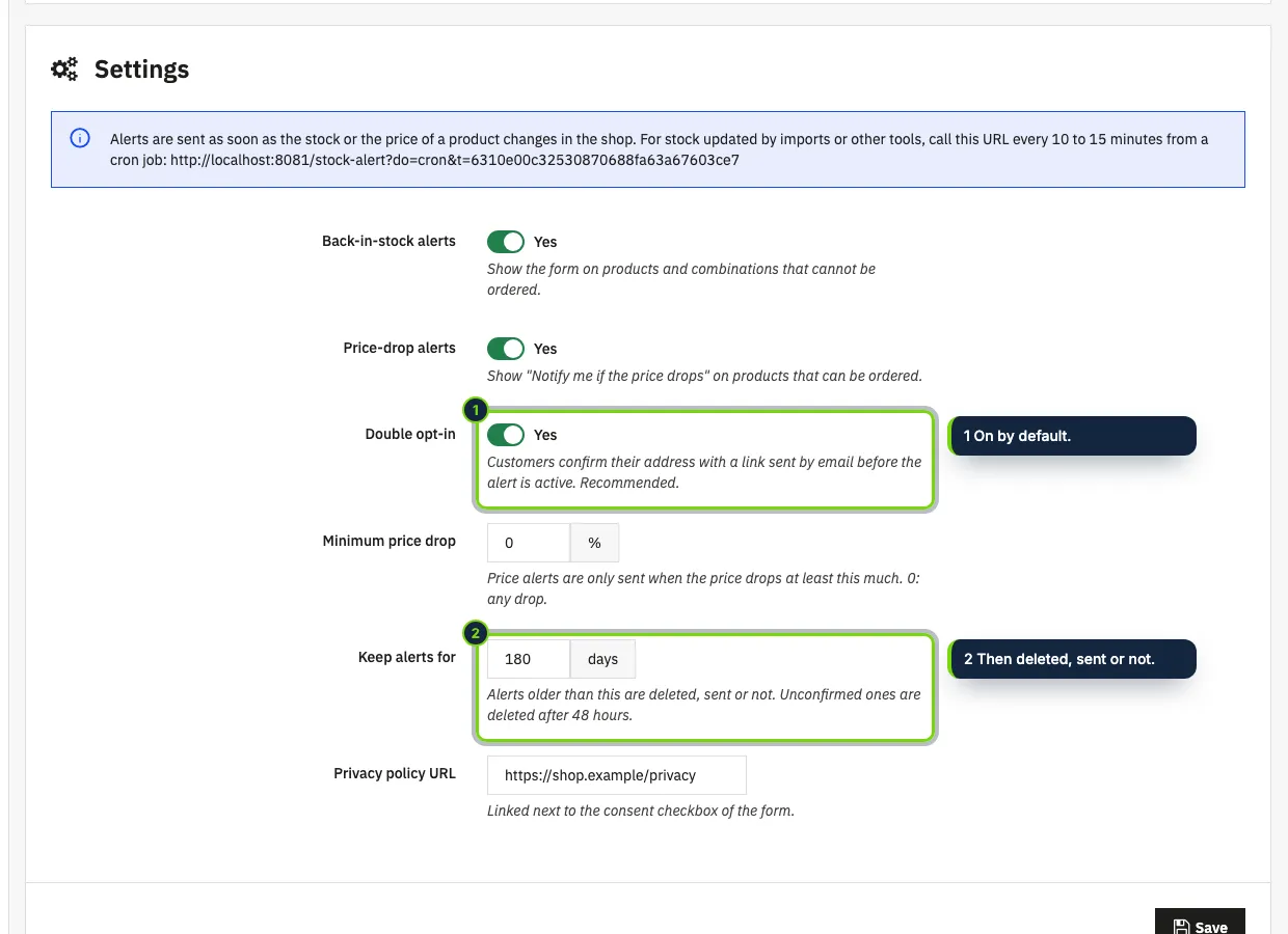 Settings: which alerts to offer, double opt-in, minimum price drop and how long alerts are kept.
