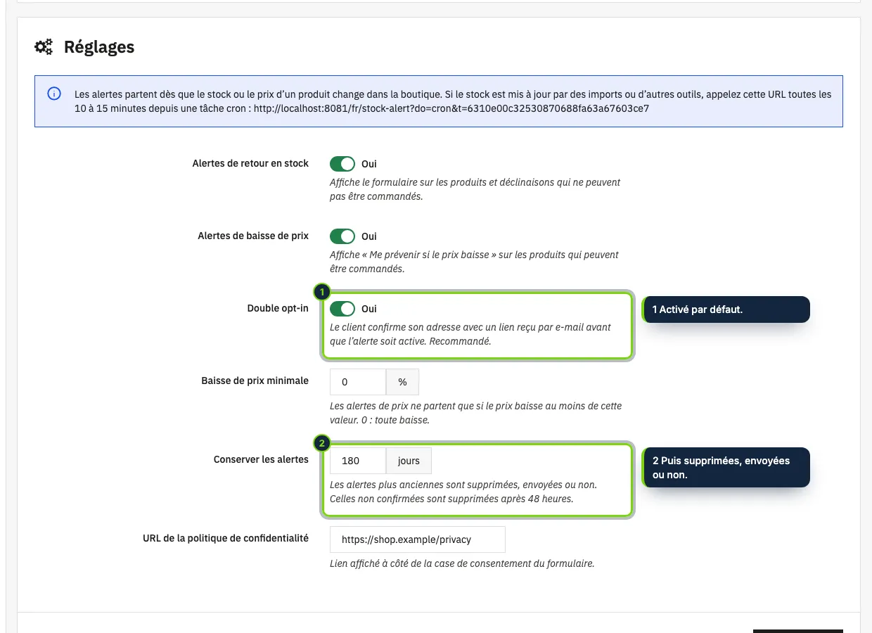 Réglages : alertes proposées, double opt-in, baisse de prix minimale et durée de conservation des alertes.