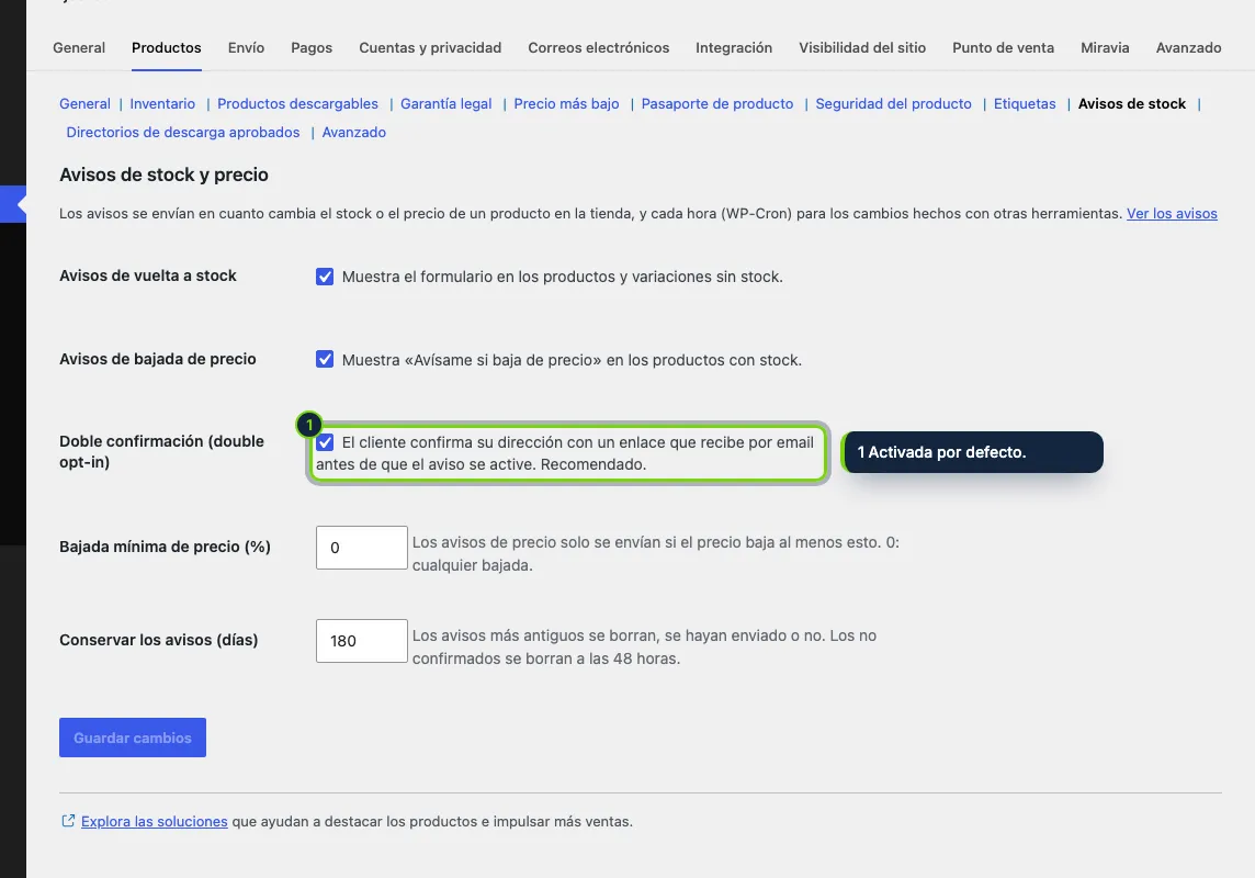 WooCommerce › Ajustes › Productos › Avisos de stock.