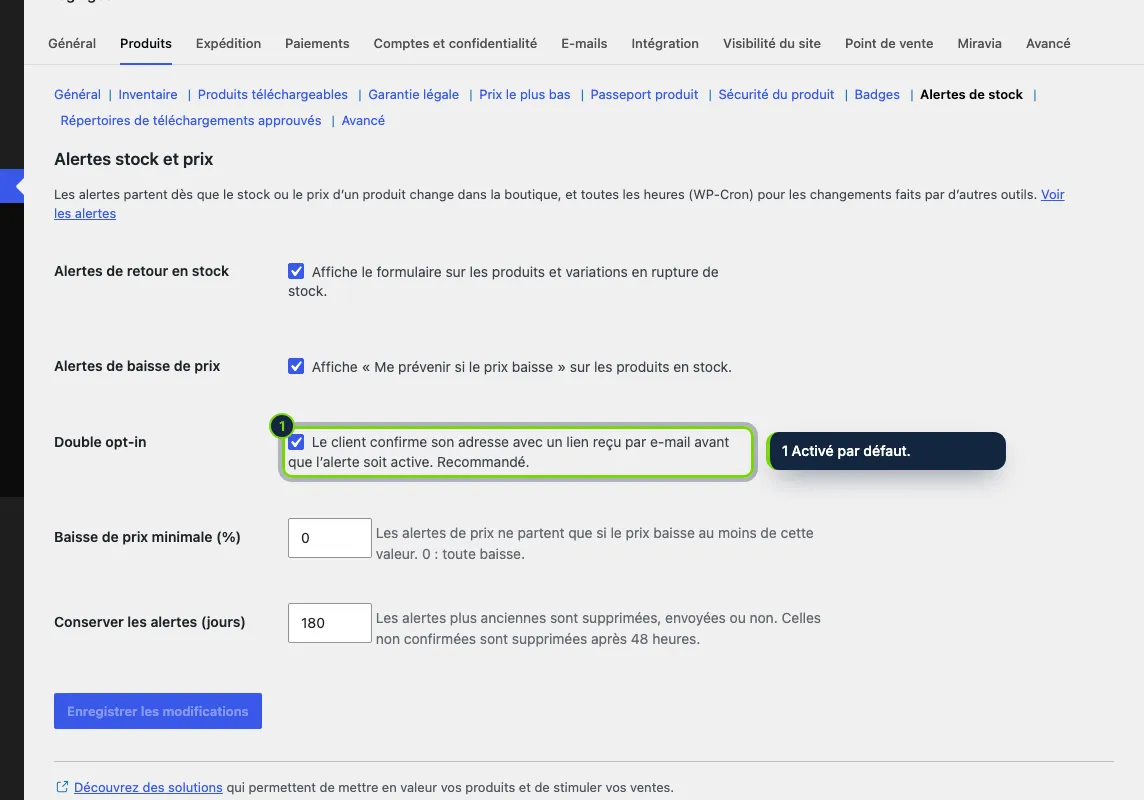 WooCommerce › Réglages › Produits › Alertes de stock.